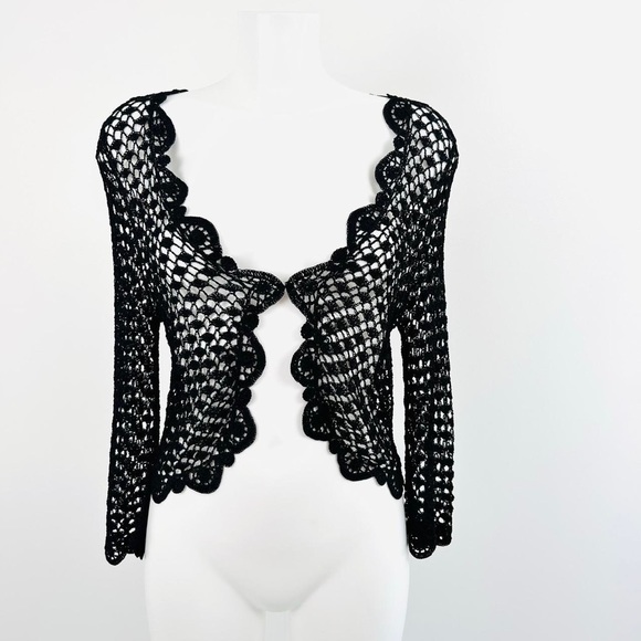 Vintage 90s Y2k Crochet Knit Shrug cropped Cardigan UK 10 12 Black Gothic Witch - Picture 5 of 8